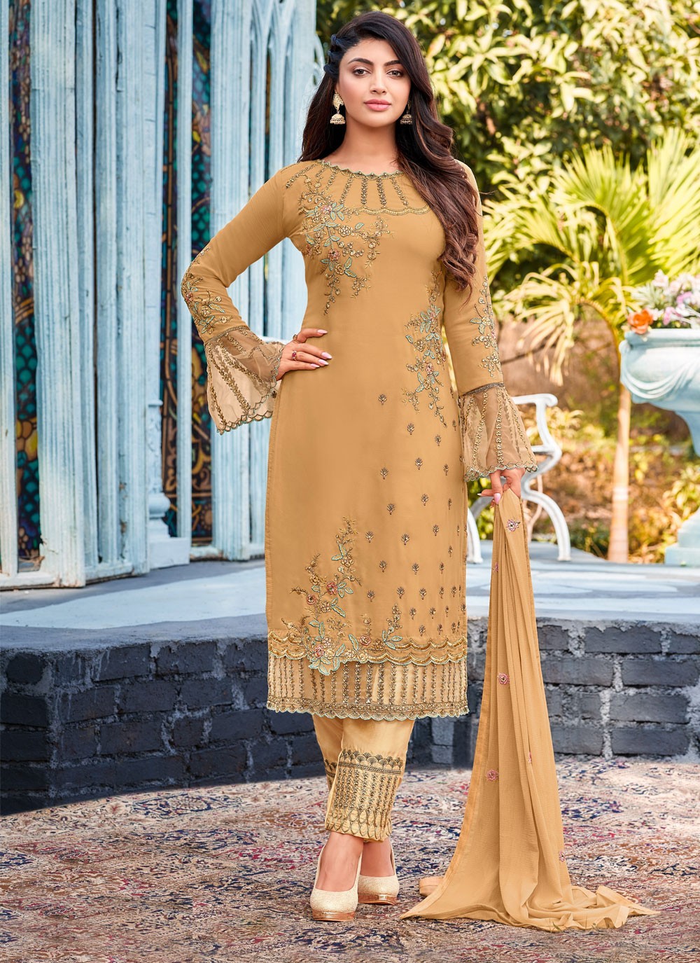 Faux Georgette Embroidered Cream Designer Straight Suit