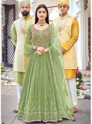 Faux Georgette Embroidered Designer Floor Length Suit in Green