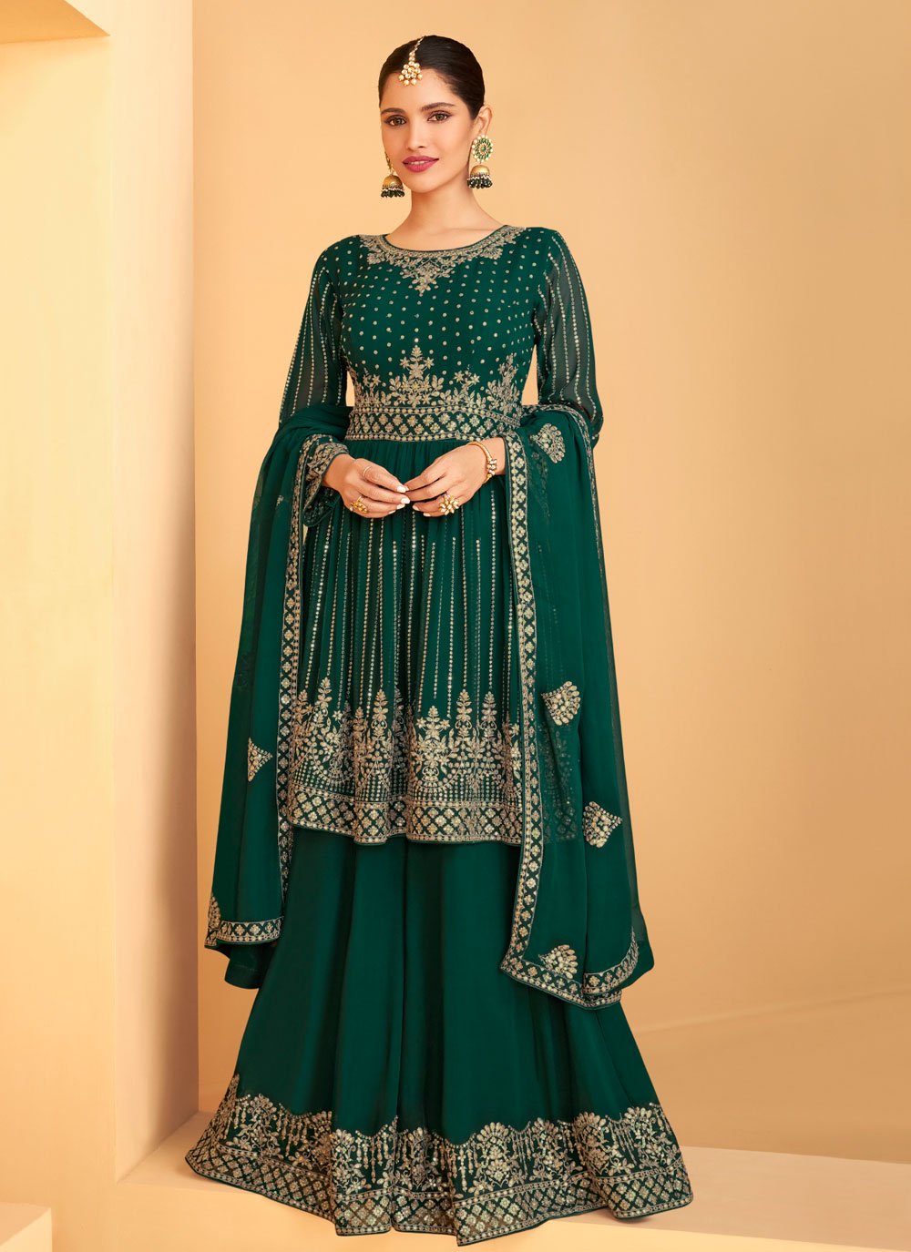 Faux Georgette Embroidered Designer Pakistani Salwar Suit in Green
