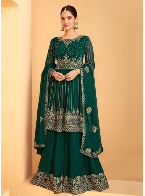 Faux Georgette Embroidered Designer Pakistani Salwar Suit in Green