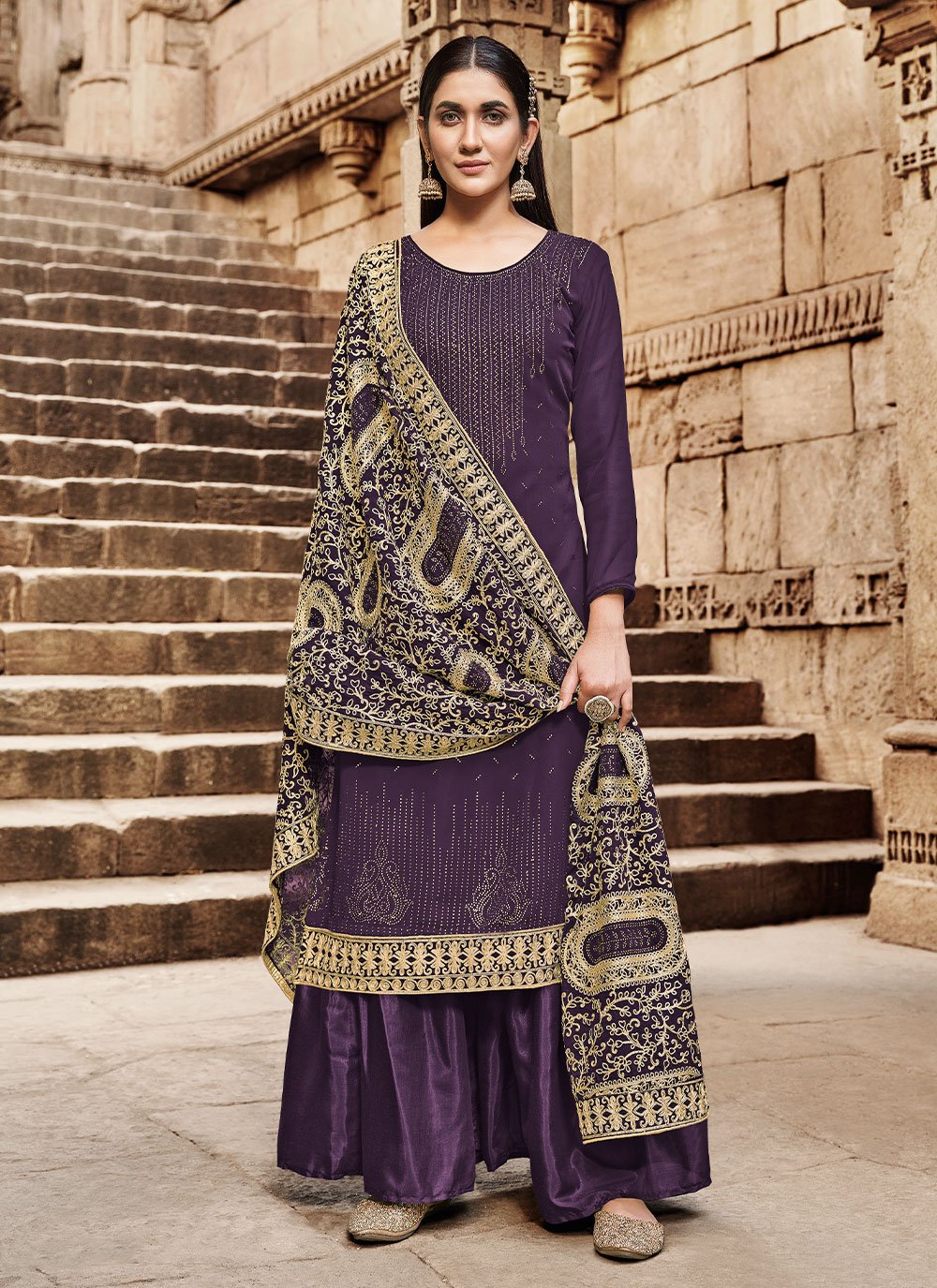 Faux Georgette Embroidered Designer Pakistani Salwar Suit in Purple