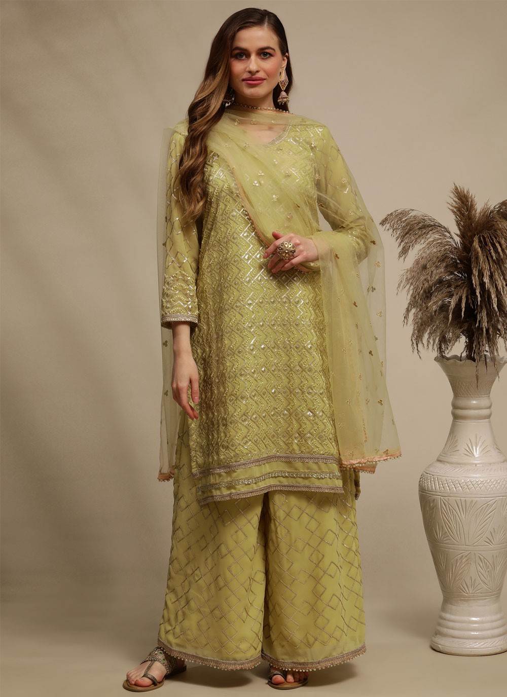 Faux Georgette Embroidered Designer Palazzo Salwar Kameez in Green