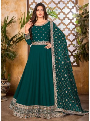 Faux Georgette Embroidered Floor Length Anarkali Salwar Suit in Green