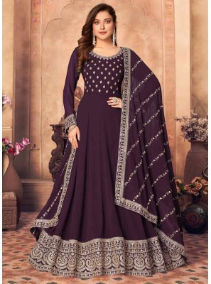 Faux Georgette Embroidered Floor Length Designer Suit in Purple