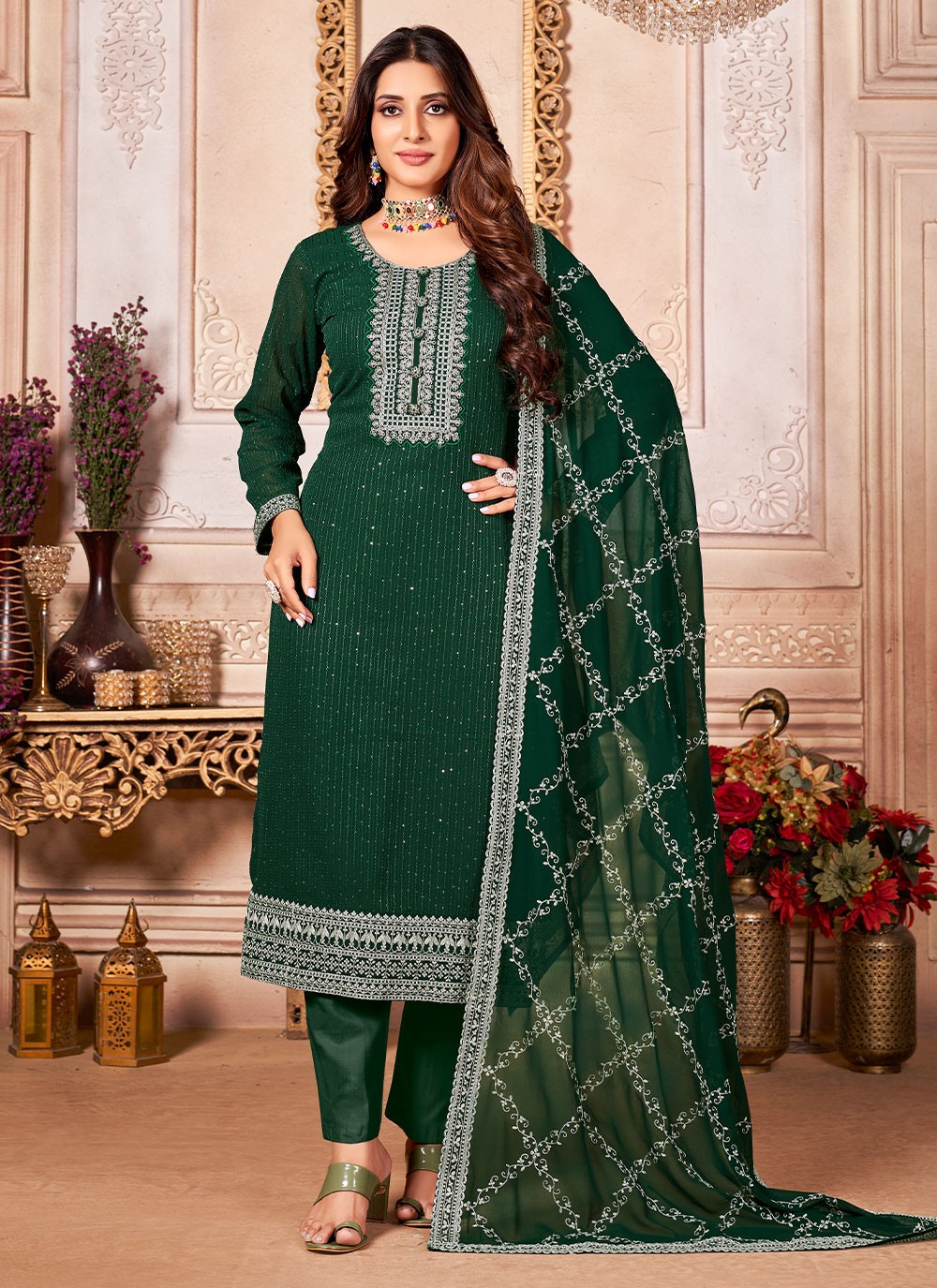 Faux Georgette Embroidered Green Salwar Suit
