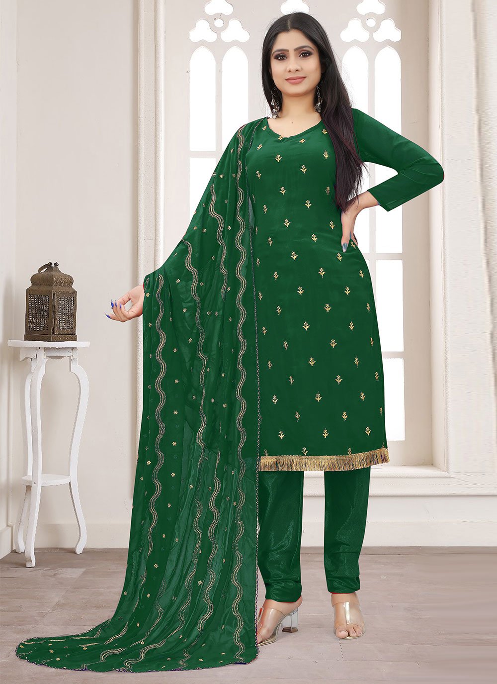 Faux Georgette Embroidered Green Straight Salwar Suit