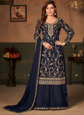 Faux Georgette Embroidered Navy Blue Designer Palazzo Suit
