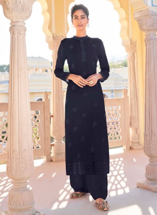 Faux Georgette Embroidered Navy Blue Party Wear Kurti