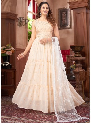 Faux Georgette Embroidered Peach Floor Length Gown