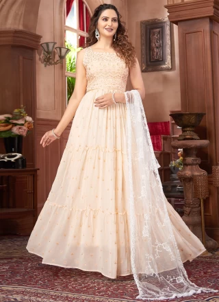 Faux Georgette Embroidered Peach Floor Length Gown