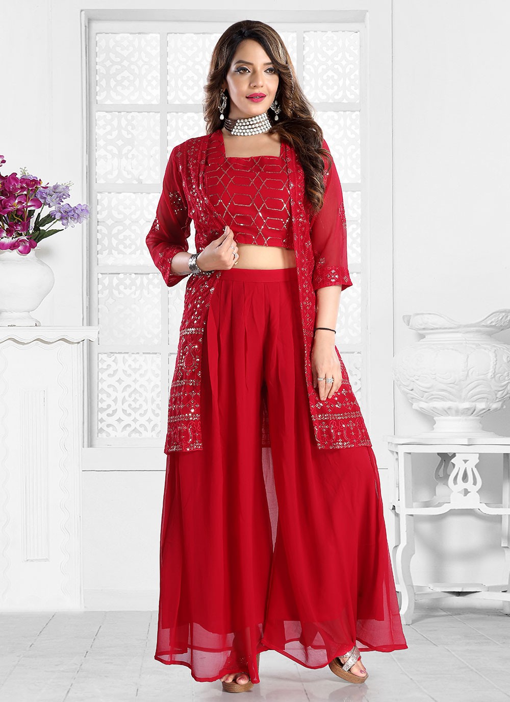 Faux Georgette Embroidered Red Palazzo Salwar Suit