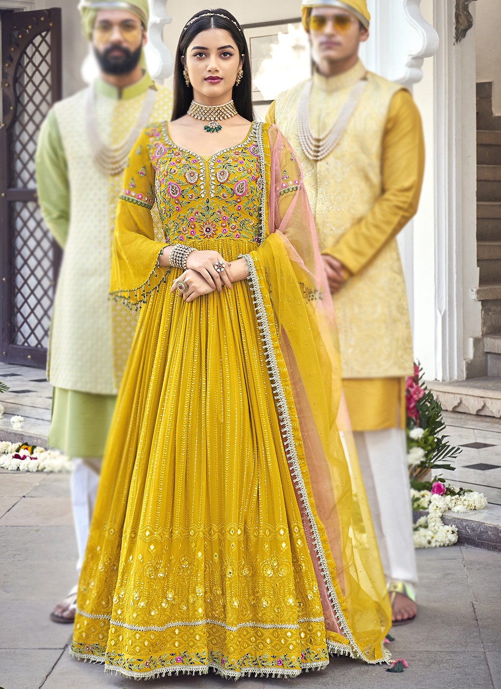 Faux Georgette Embroidered Yellow Floor Length Anarkali Suit