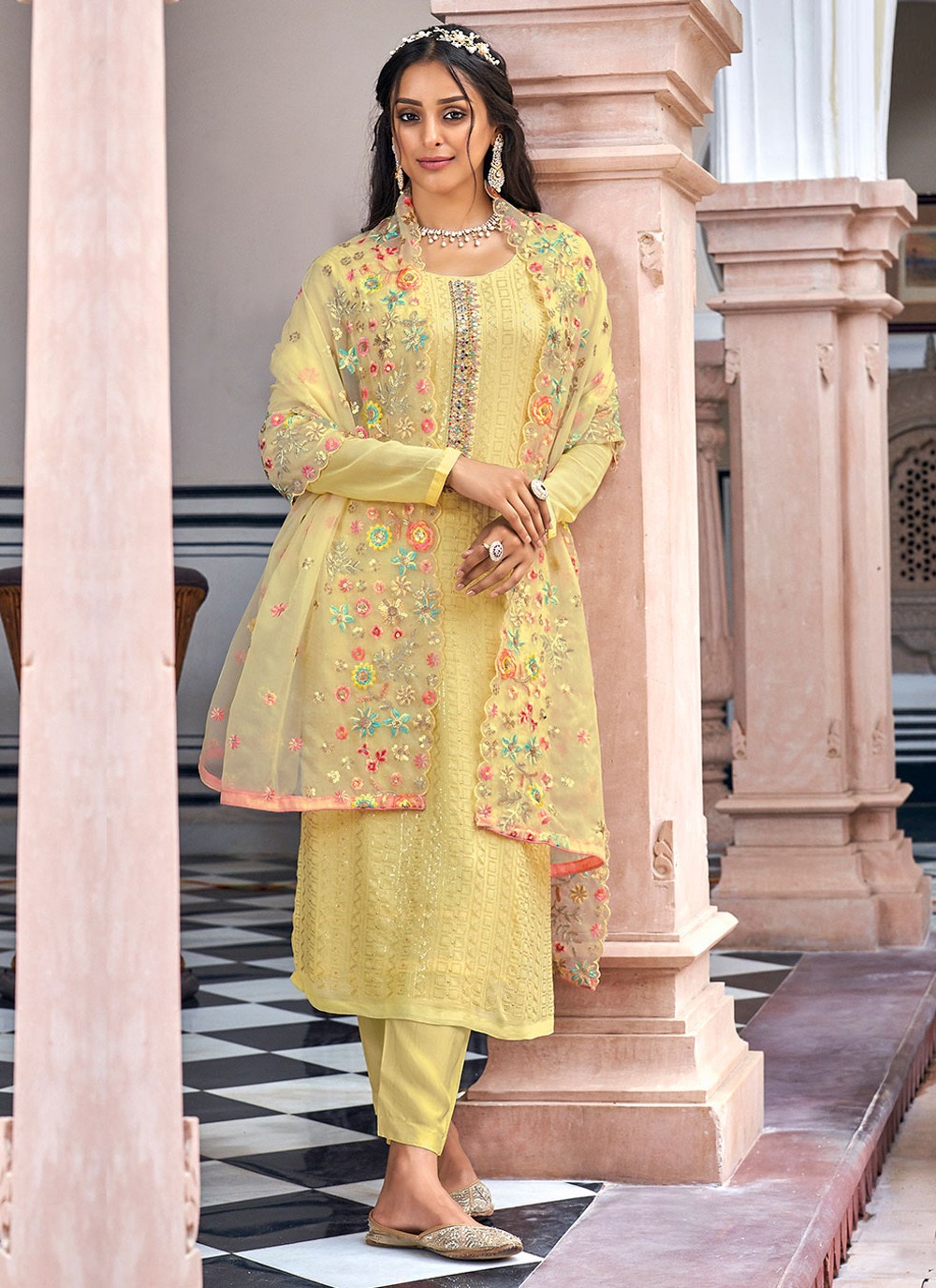 Faux Georgette Embroidered Yellow Salwar Kameez