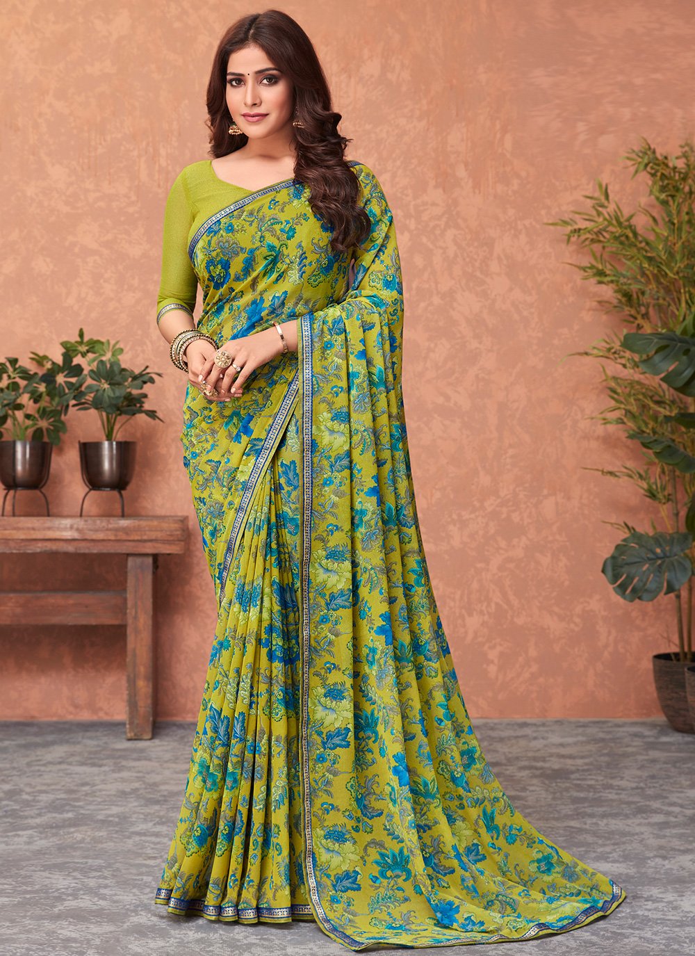 Faux Georgette Green Abstract Print Saree