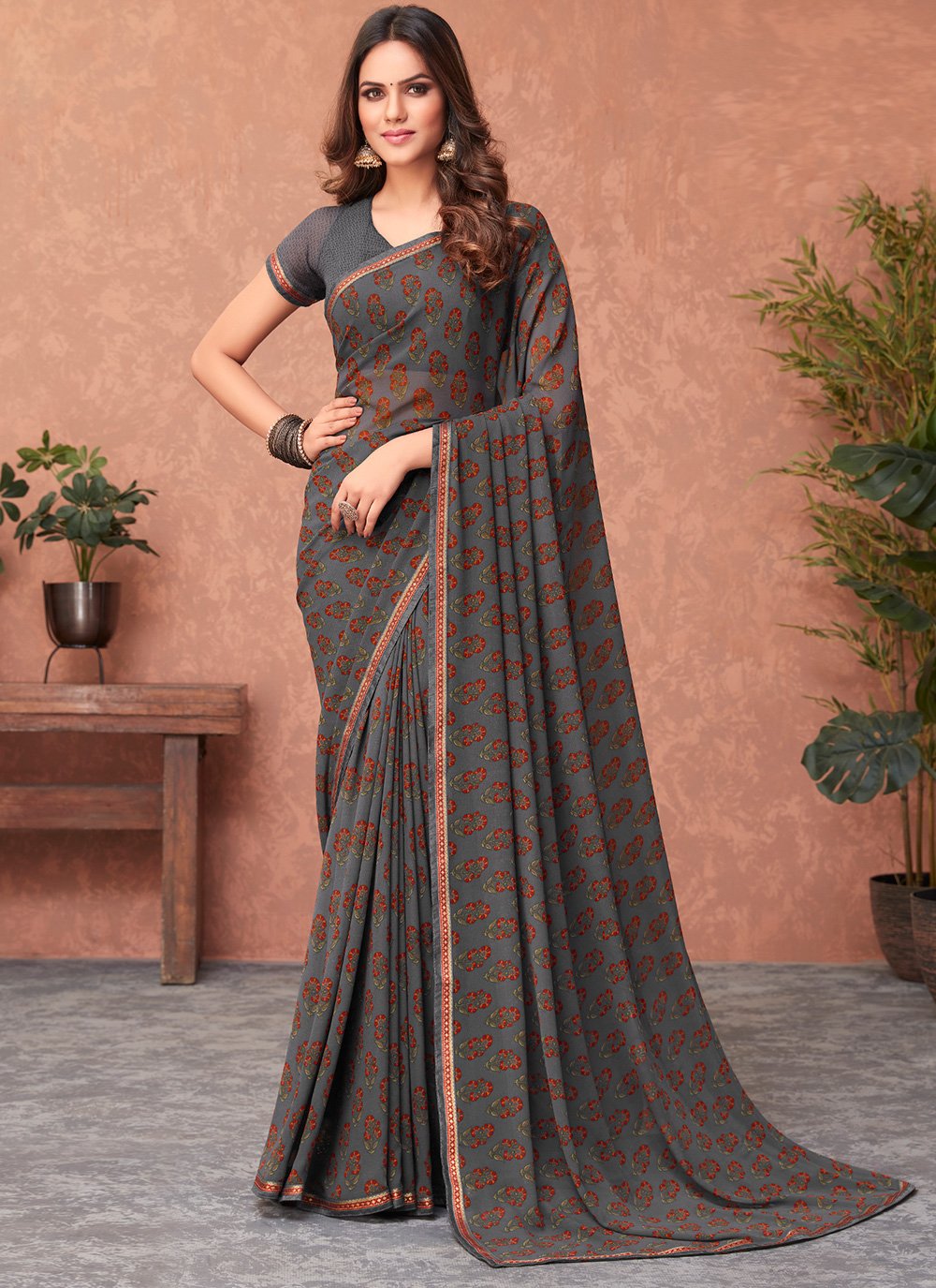 Faux Georgette Grey Abstract Print Saree