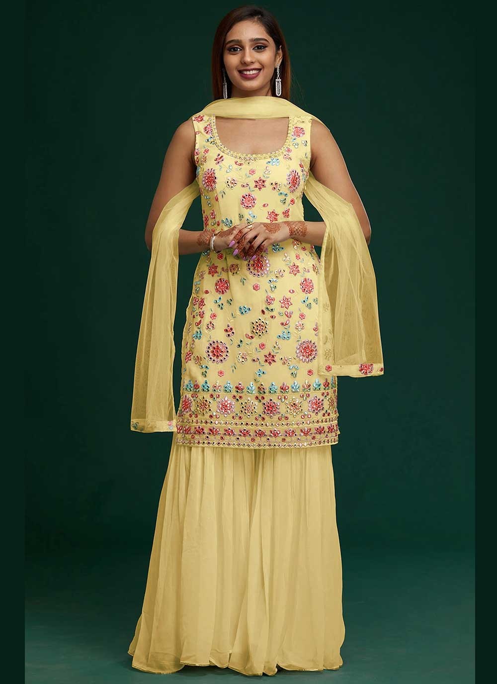 Faux Georgette Mirror Trendy Salwar Kameez in Yellow