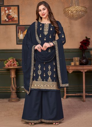 Faux Georgette Navy Blue Designer Pakistani Suit