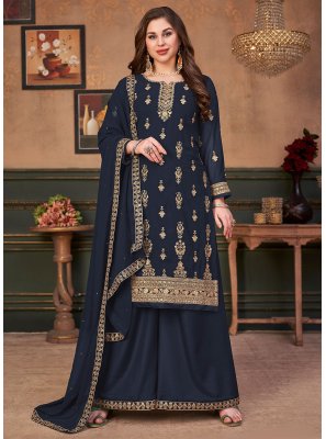 Faux Georgette Navy Blue Designer Pakistani Suit