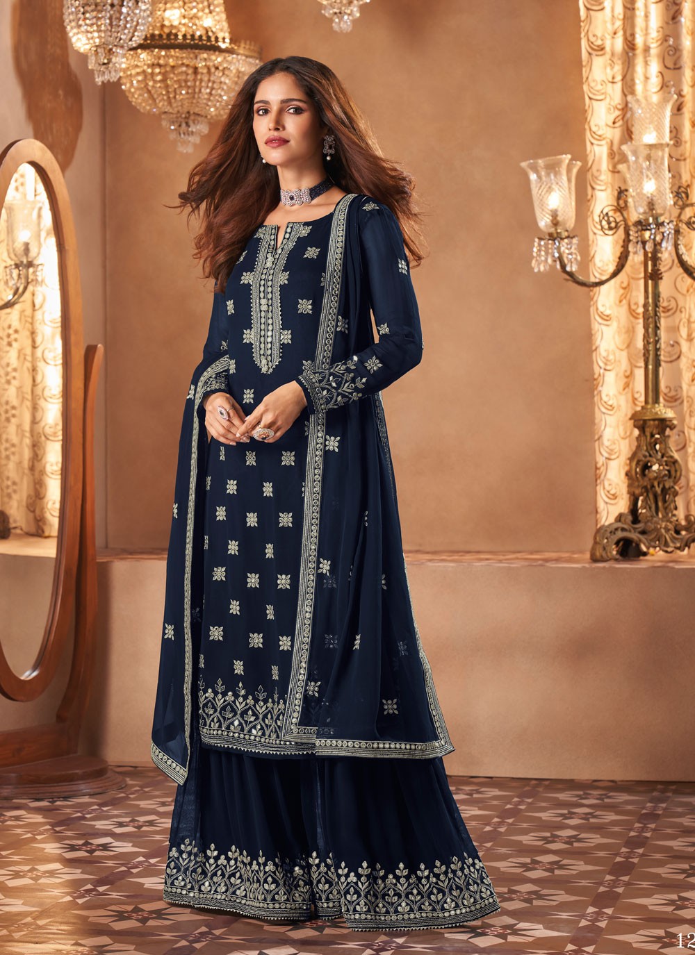 Faux Georgette Navy Blue Embroidered Designer Pakistani Salwar Suit