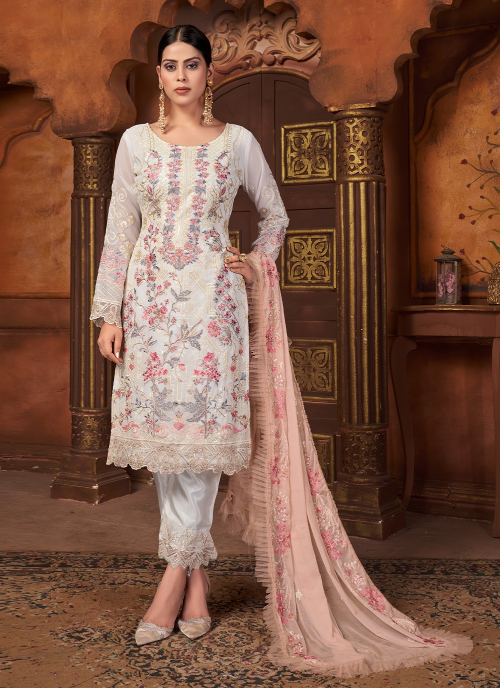 Faux Georgette Off White Embroidered Trendy Salwar Suit