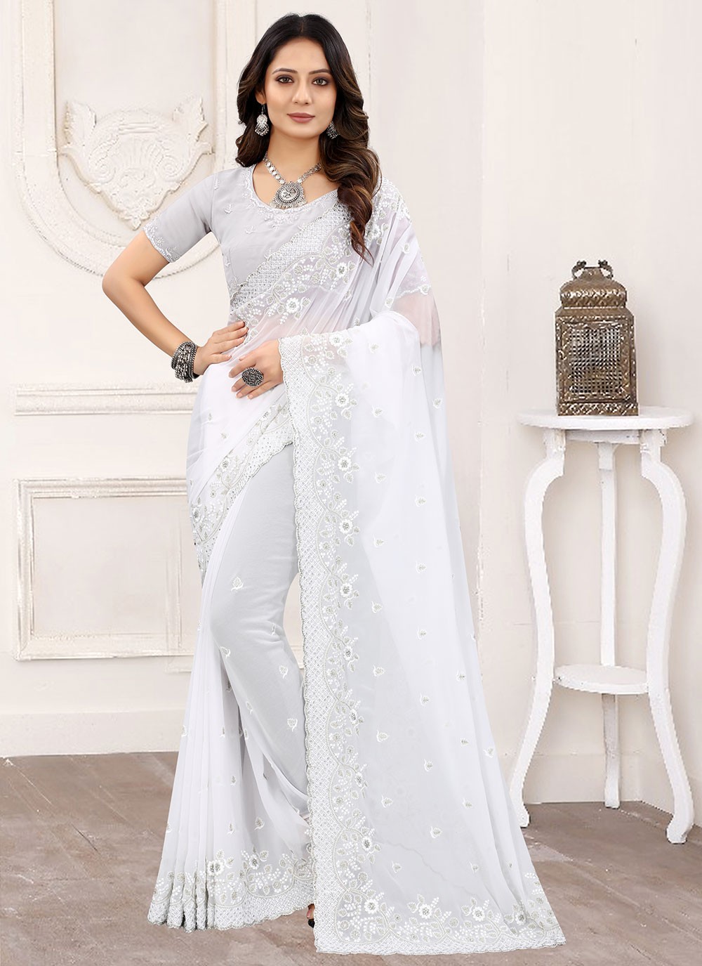 White Rangoli (Silk) Fancy saree with Stone work (Separate Blouse Piece)