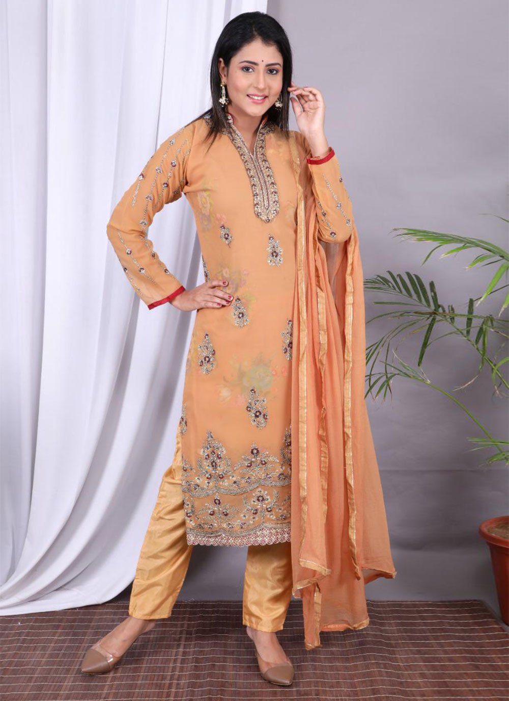 Faux Georgette Embroidered Designer Straight Suit