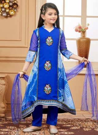 Faux Georgette Pant Style Suit in Blue