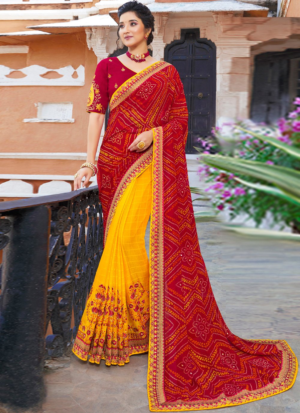 Faux Georgette Patch Border Designer Half N Half Saree in Red and Yellow