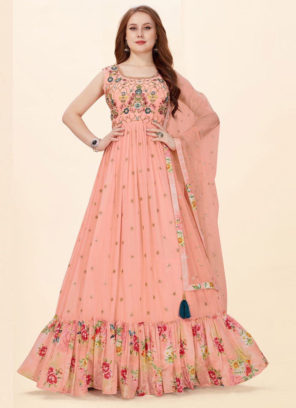 Faux Georgette Peach Embroidered Readymade Trendy Gown 