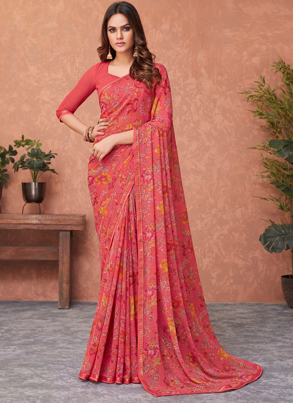 Faux Georgette Pink Abstract Print Saree