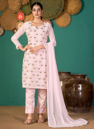 Faux Georgette Pink Mirror Pant Style Suit