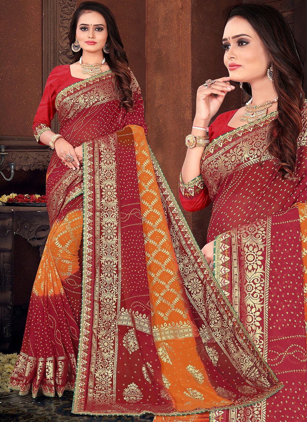 Faux Georgette Printed Orange and Red Contemporary Saree