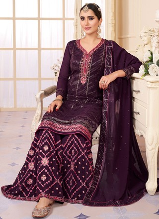 Faux Georgette Purple Embroidered Designer Salwar Suit