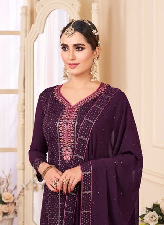 Faux Georgette Purple Embroidered Designer Salwar Suit