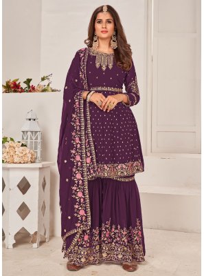 Faux Georgette Purple Embroidered Palazzo Salwar Suit