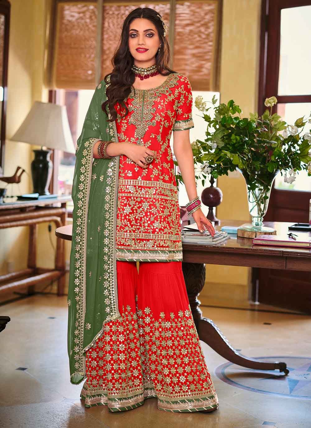 Faux Georgette Red Resham Designer Pakistani Salwar Suit