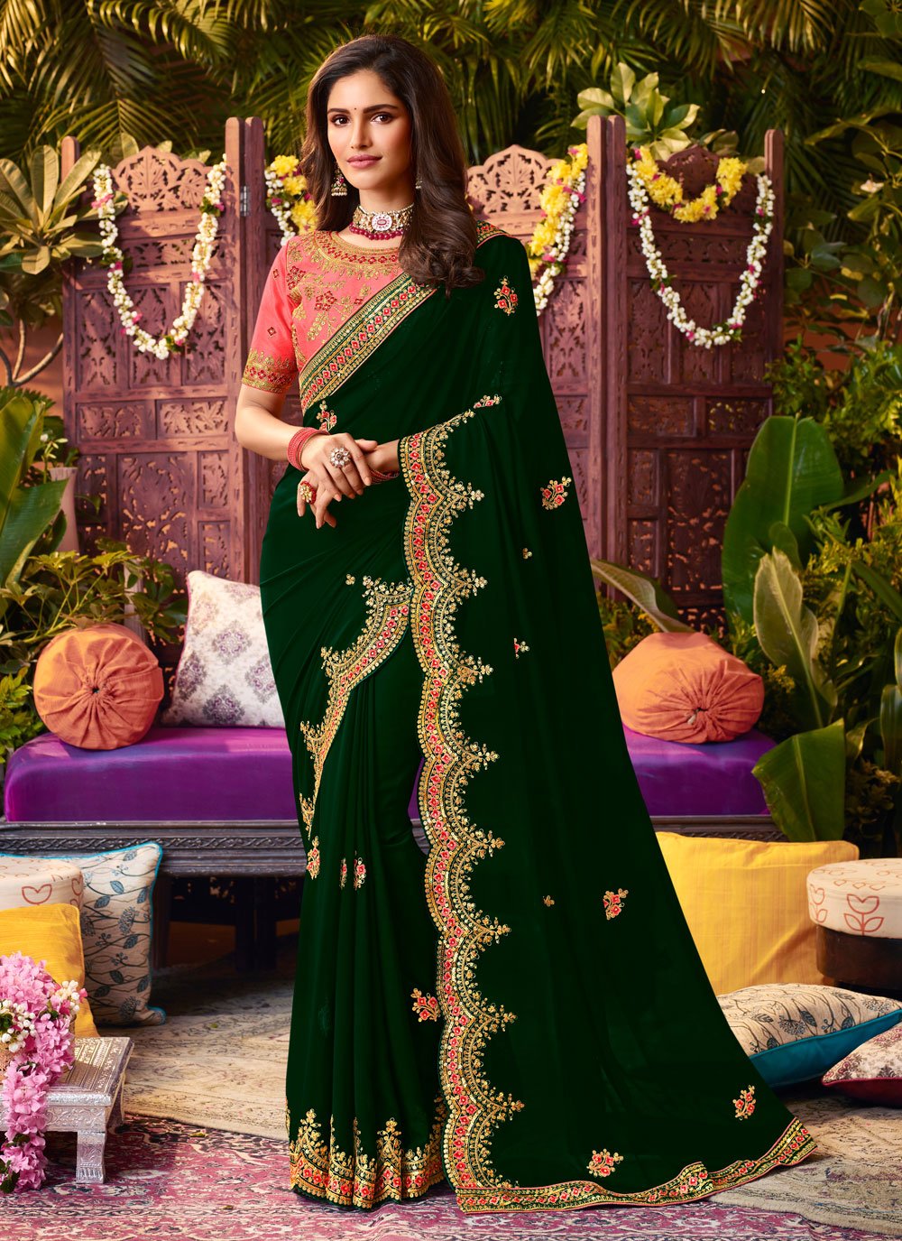 Kajal Aggarwal Pine Green Designer Saree