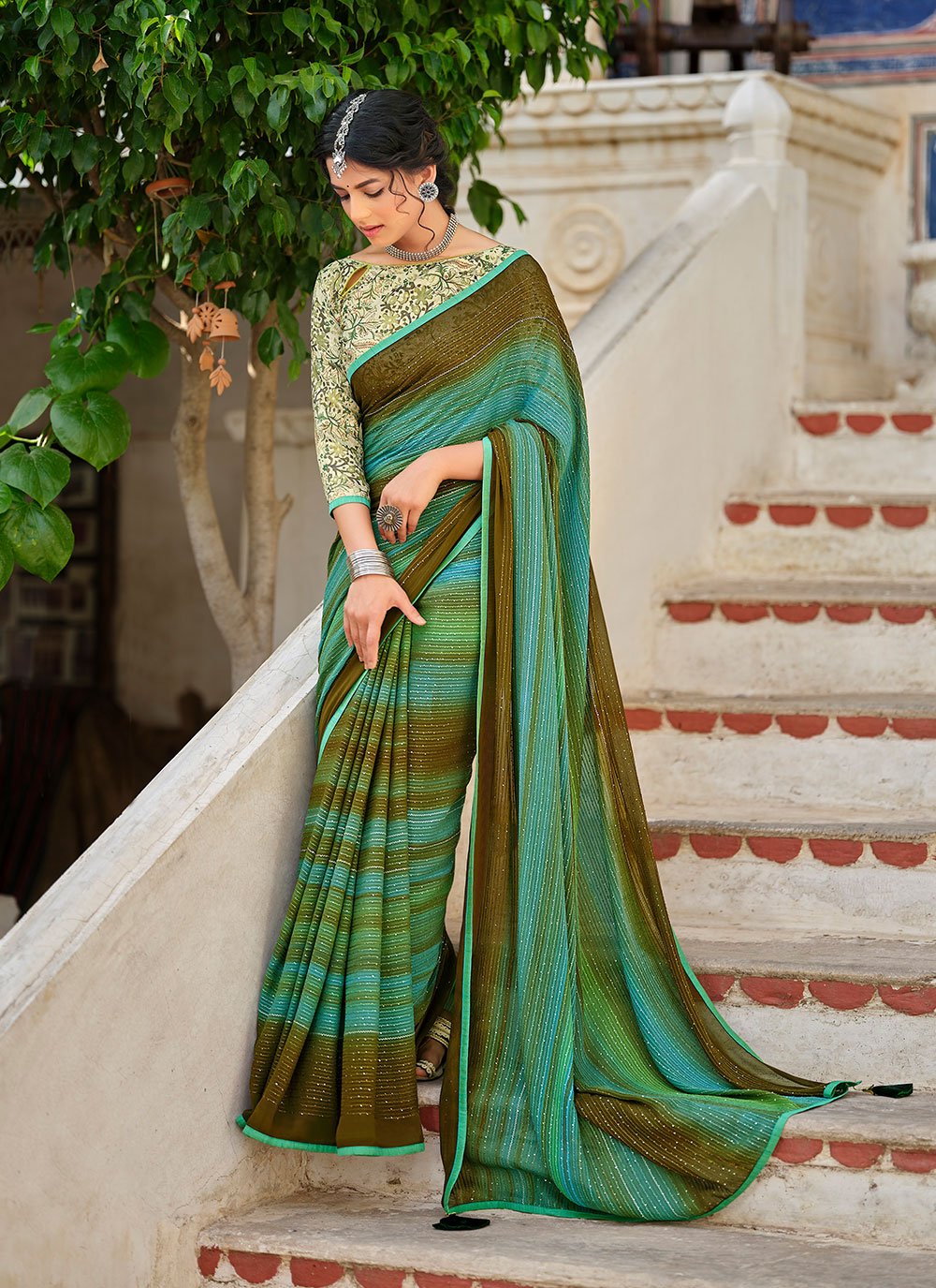 Buy online Pure Soft Georgette Saree With Jacquard Leheriya & Rich Pallu -  Cream-AF1679