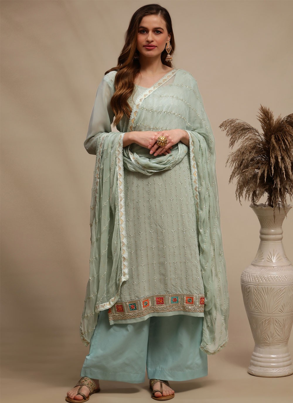 Faux Georgette Sea Green Designer Pakistani Suit