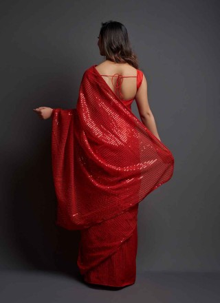Faux Georgette Sequins Red Classic Saree