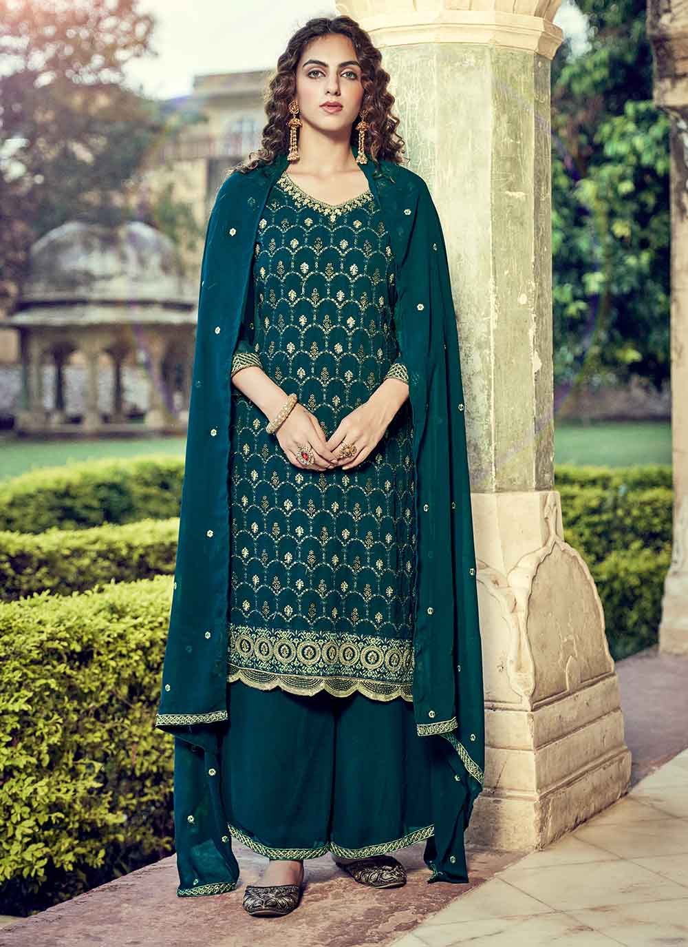 Faux Georgette Swarovski Green Designer Pakistani Salwar Suit