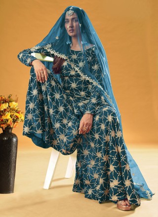 Faux Georgette Teal Embroidered Readymade Designer Salwar Suit