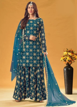 Faux Georgette Teal Embroidered Readymade Designer Salwar Suit