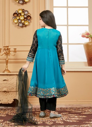 Faux Georgette Teal Patch Border Work Pant Style Suit