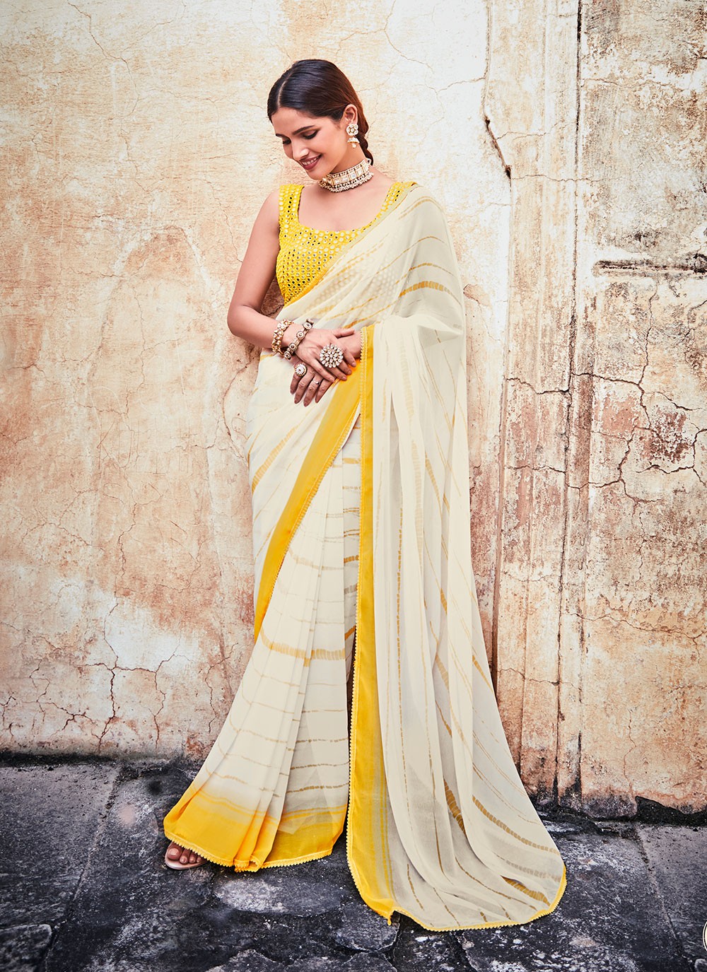 Faux Georgette Thread Classic Designer Saree in Off White