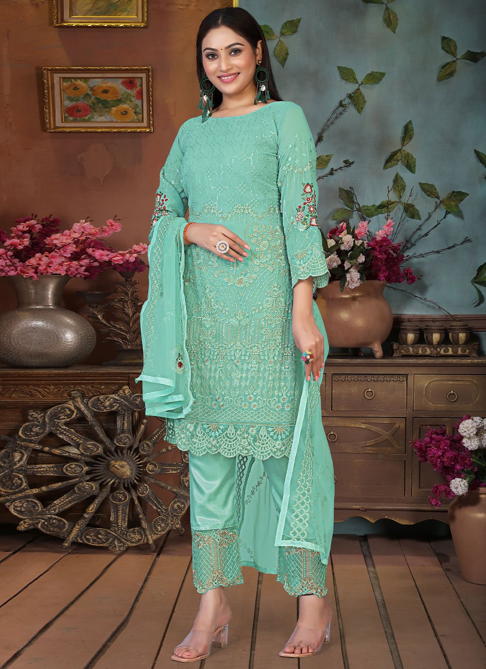 Faux Georgette Turquoise Pant Style Suit