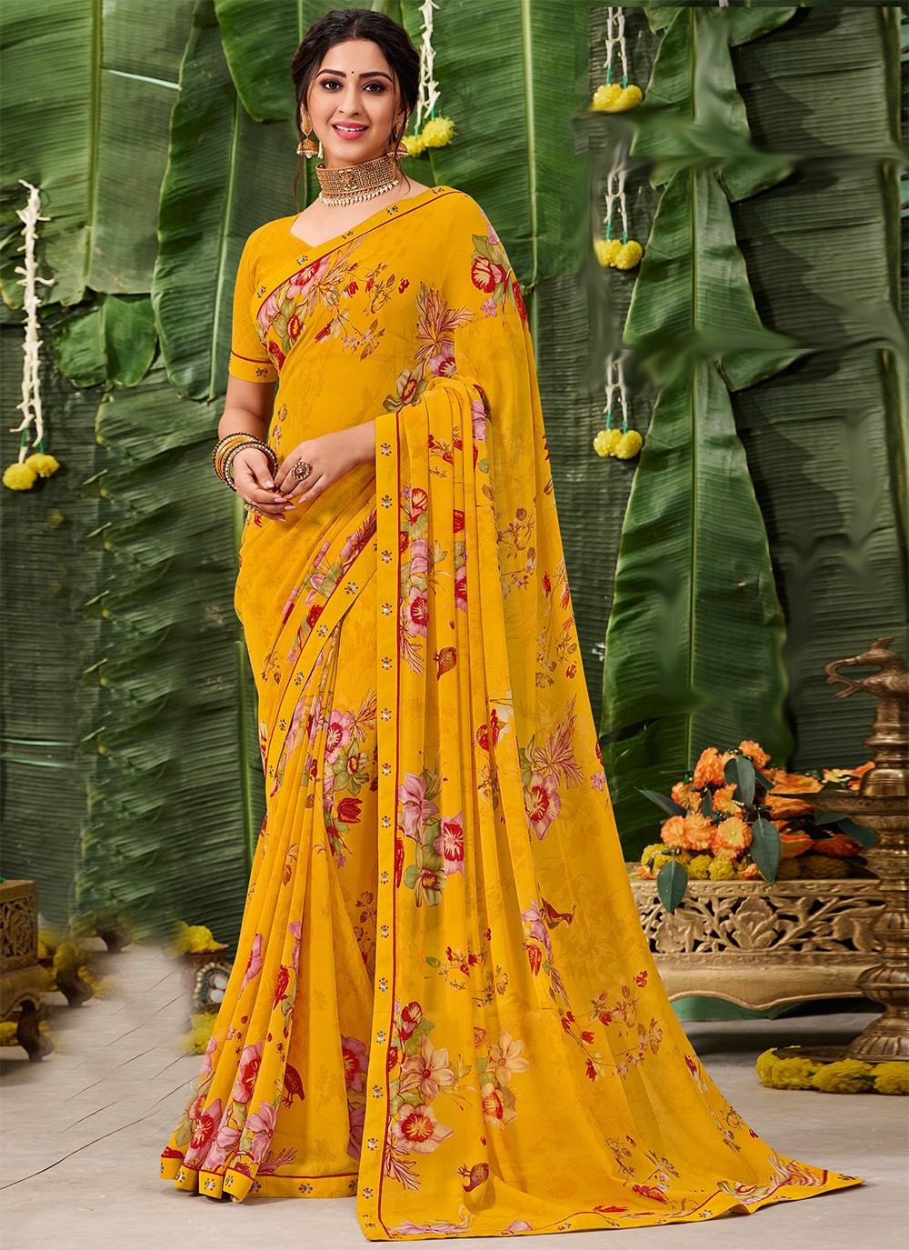 Faux Georgette Yellow Classic Saree