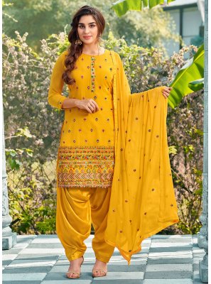 Faux Georgette Yellow Trendy Salwar Suit