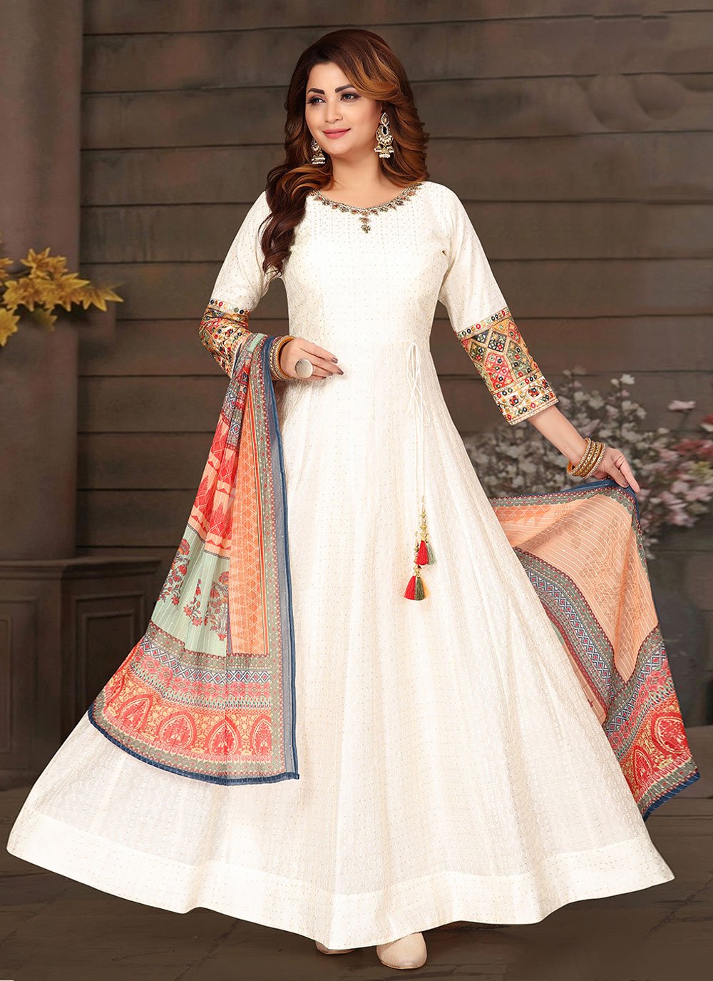 Floor Length Designer Suit Embroidered Chanderi in Off White