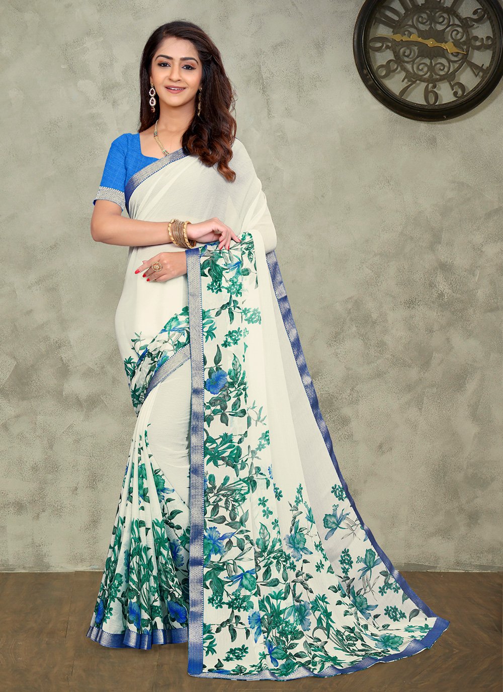 Floral Print Blue and Off White Faux Chiffon Saree